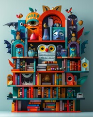 A whimsical bookshelf featuring colorful characters and unique decorations, perfect for adding charm to any space.