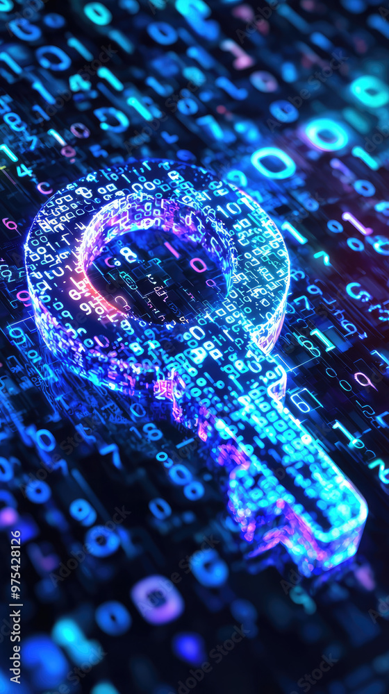 Poster a holographic security key symbol floats amidst vibrant digital backdrop filled with binary code, re