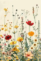 Hand-drawn botanical sketch of various wildflowers and herbs in a repeating pattern