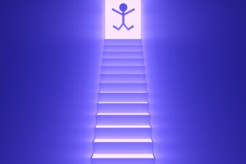 The victory of man stairs to the glowing door business concept success neon self illumination background 3D illustration
