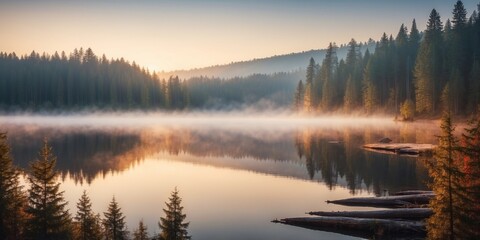 Fototapeta premium Foggy landscape with coniferous forest and lake at sunrise.