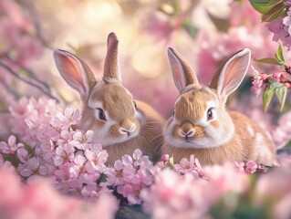 Fototapeta premium Rabbits in a Field of Flowers