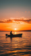 Obraz premium A silhouetted fisherman on boat casts his line into calm waters during stunning sunset, creating serene and peaceful atmosphere