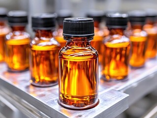 Close-up of amber glass bottle filled with liquid, showcasing vibrant color and sleek design for product display or packaging.