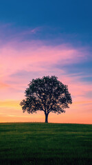Obraz premium A silhouetted lone tree stands majestically in vast field, framed by colorful sky at sunset. vibrant hues create serene and peaceful atmosphere, inviting reflection
