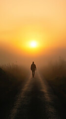 Fototapeta premium A silhouetted man walking along foggy road at sunrise creates serene and contemplative atmosphere. warm hues of sun contrast beautifully with mist, evoking sense of peace and solitude