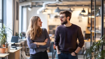 Fototapeta premium A Man and a Woman Talking in an Office Setting