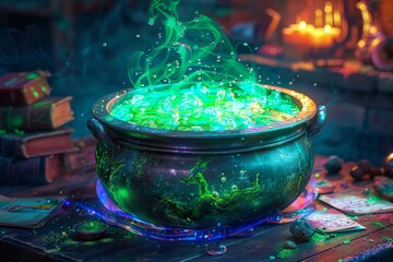 An enchanting cauldron bubbling with green potion, surrounded by ancient books and candles, creating a mystical ambiance.