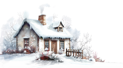 Traditional thatched cottage in winter setting on transparent background