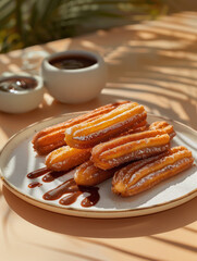 Fototapeta premium Traditional churros close up photo with sugar on beige background