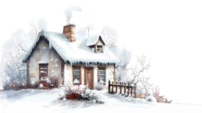 Traditional thatched cottage in winter setting on transparent background