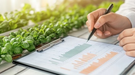 A person is analyzing data related to plants, writing on a clipboard, with vibrant greenery in the background, suggesting agricultural research or study.