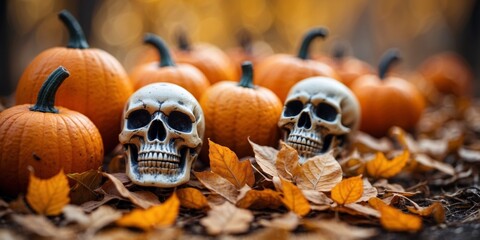 Spooky Decorations With Skulls and Pumpkins in Autumn Leaves.