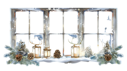 Winter window with Christmas decoration on transparent background