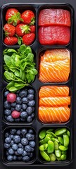 Naklejka premium A colorful food tray featuring fresh strawberries, leafy greens, and vibrant fish selections, perfect for healthy dining.