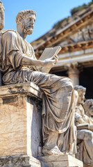 Obraz premium stone statue of Epictetus, prominent Stoic philosopher, is depicted teaching his students. intricate details of marble highlight wisdom and serenity of this historical figure
