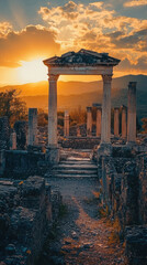 Fototapeta premium Ancient ruins bathed in golden sunset light create serene atmosphere, highlighting beauty of history and nature. majestic columns stand tall against vibrant sky
