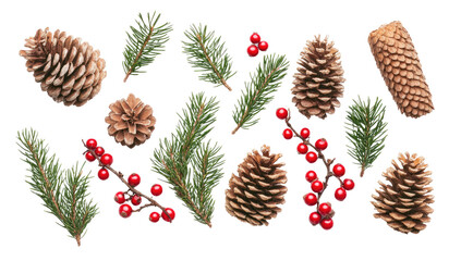 Flat Lay Christmas Composition with Pine Branches, Red Berries, and Pine Cones on White Background for Card Design