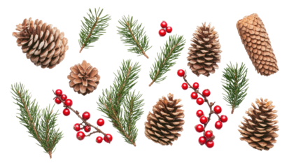 Flat Lay Christmas Composition with Pine Branches, Red Berries, and Pine Cones on White Background for Card Design