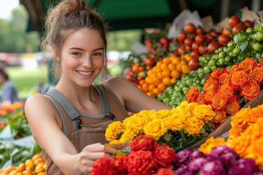 A young woman smiles while arranging vibrant flowers at a market stall, showcasing the beauty of nature and fresh blooms.