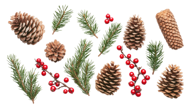 Flat Lay Christmas Composition with Pine Branches, Red Berries, and Pine Cones on White Background for Card Design
