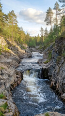 A serene Swedish waterfall cascades over rocky cliffs, surrounded by lush greenery and tall trees. tranquil scene captures beauty of nature, inviting peace and reflection
