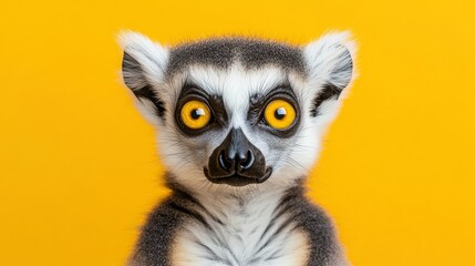 Obraz premium Close-up of a ring-tailed lemur against yellow background, wildlife photography concept