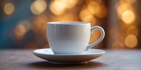 White ceramic mug on saucer providing copy space image.