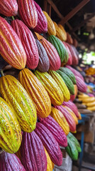 Fototapeta premium vibrant colors of cacao pods on display at local market create stunning visual feast. rich hues of yellow, pink, and green evoke sense of freshness and natural beauty