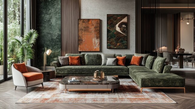 A modern living room interior with a green sectional sofa, a coffee table, a rug, and two abstract paintings on the wall.