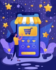 A colorful illustration of a woman interacting with a shopping app on her smartphone against a starry background.