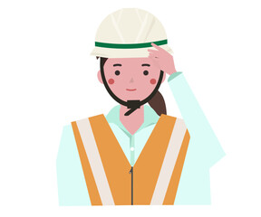 ヘルメットを安全に着用する安全ベストを着た女性。ベクターイラスト