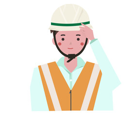 ヘルメットを安全に着用する安全ベストを着た男性。ベクターイラスト