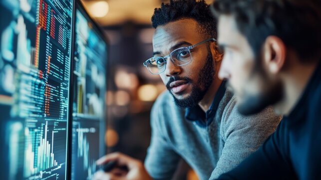 Diverse Businessmen Analyzing Data on Computer Screen