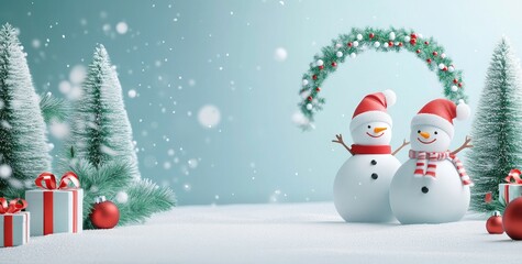 Merry Christmas podium background- Christmas and new year podium stage for product display with snowmen, green trees and gifts - Christmas product presentation mockup