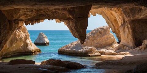Limestone rock formations with grottoes near the ocean.
