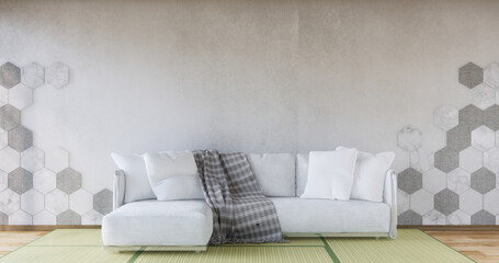 armchair sofa and decoration plants on hexagon tiles wall Modern room minimalist.3D rendering