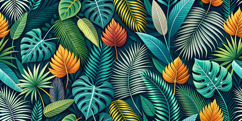 The image shows a vibrant pattern of tropical leaves of various shapes and sizes, with a rich palette of green, blue and orange hues. The dense and detailed pattern creates an interesting texture.