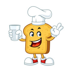 Happy cartoon chef bread mascot holding a glass of milk, making an ok sign with his hand.