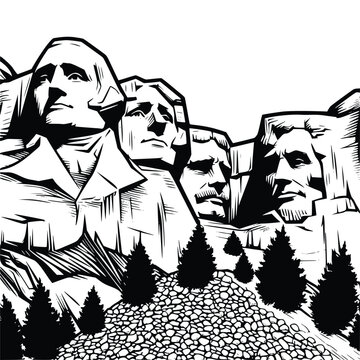 Detailed Sketch of Mount Rushmore, Hand-Drawn in Black Outline Vector
