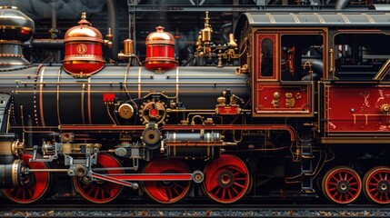 Fototapeta premium A vintage red and black steam locomotive.