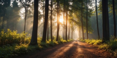 Obraz premium forest road in the morning with bright sunlight.