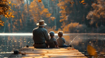 Grandfather and grandson fishing together on a wooden dock.