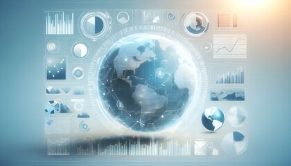 Fototapeta premium A digital infographic with a globe, graphs, and statistical data representing global financial trends, displayed on a light blue and white background, symbolizing analytics