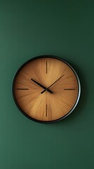 Wall clock with wooden face on green background