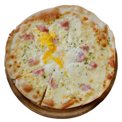 Fresh homemade ham cheese pizza on wooden plate. food clip art and element