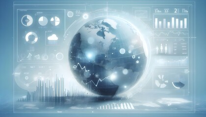 Fototapeta premium A digital infographic with a globe, graphs, and statistical data representing global financial trends, displayed on a light blue and white background, symbolizing analytics