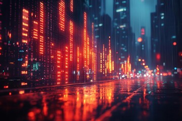 Fototapeta premium abstract financial district skyline with glowing data streams and rising stock charts blurred city lights creating a bokeh effect in the background