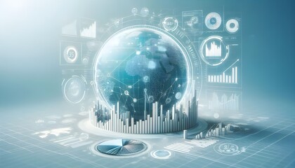 Fototapeta premium A digital infographic with a globe, graphs, and statistical data representing global financial trends, displayed on a light blue and white background, symbolizing analytics