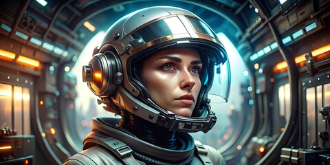 woman wearing pilot helmet futuristic 3d look sci-fi